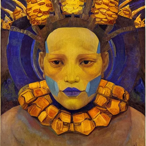 Prompt: the crown of bees, by Annie Swynnerton and Nicholas Roerich and Diego Rivera, blue skin, elaborate costume, geometric ornament, rich color, dramatic cinematic lighting, smooth, sharp focus, extremely detailed