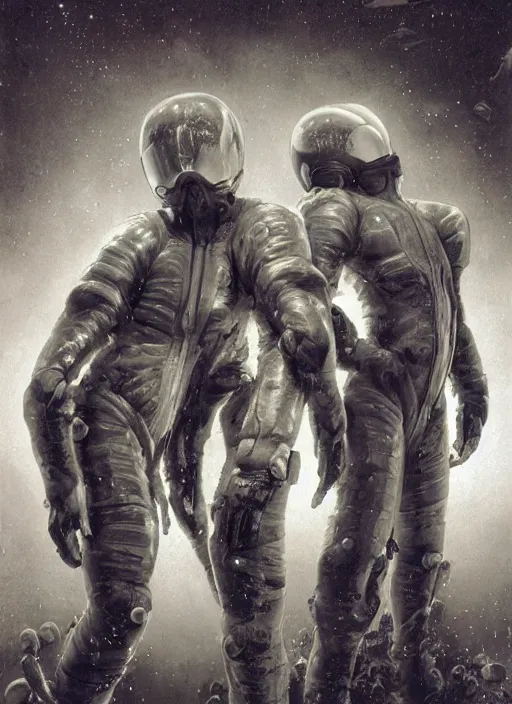 Image similar to astronauts in dark and empty void underwater - complex and hyperdetailed technical suit. reflection and dispersion materials. rays and dispersion of light. volumetric light. 5 0 mm, f / 3 2. noise film photo. flash photography. ultra realistic, wide angle. poster by wayne barlowe, hajime sorayama aaron horkey, craig mullins
