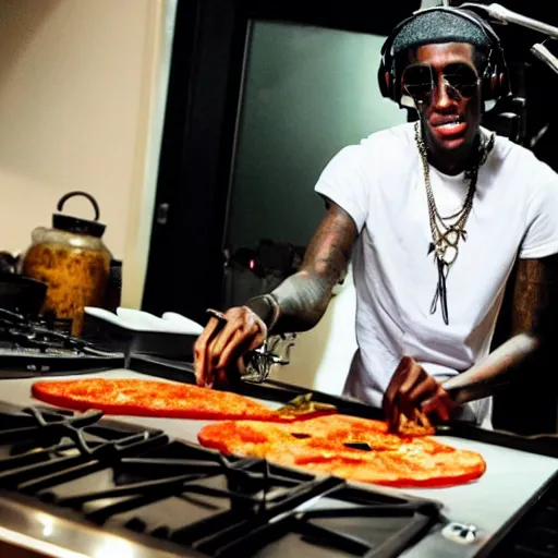 Image similar to young thug cooking in the studio,