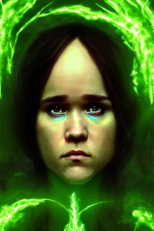 Image similar to ellen page as a dark sorceress with yellow glowing eyes casting a green spell, green lighting, fantasy character portrait, ultra realistic, concept art, intricate details, highly detailed by james bama, william adolphe bouguereau and frank frazetta