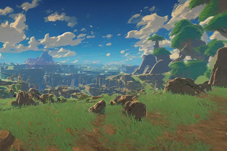 Image similar to an in game chaotic landscape from the legend of zelda breath of the wild, breath of the wild art style.