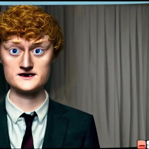 Image similar to realistic computer still of James Acaster in Five Nights at Freddys