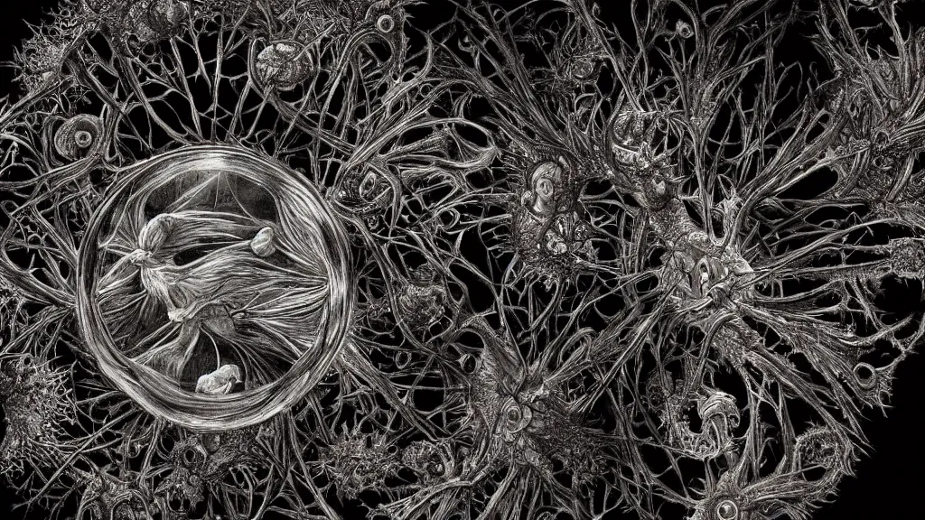 Prompt: beautiful macro picture of a coronavirus inside a television screen, dark, sinister, detailed, high contrast, art by Ernst Haeckel and Greg Rutkowski