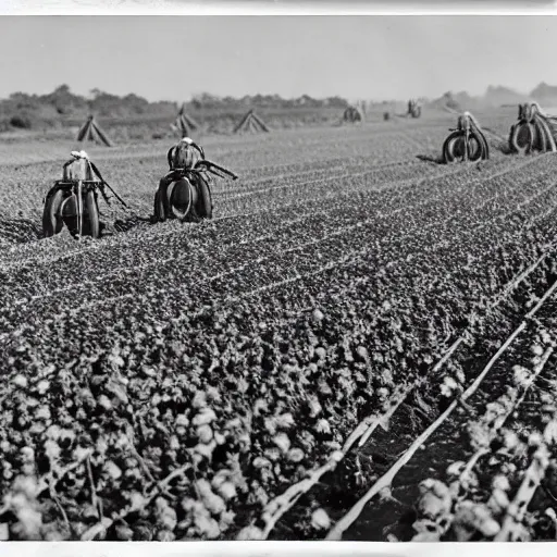 Image similar to robots working in the cotton field , 1824 , old photograph , 4k , HD