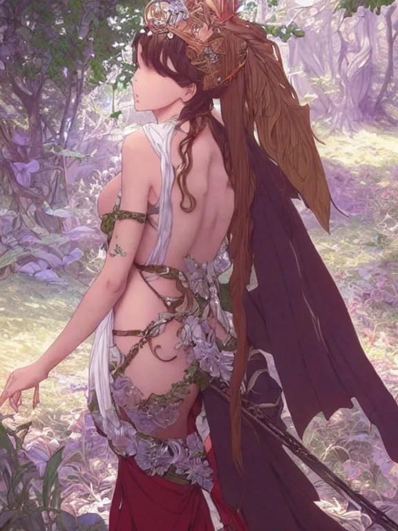 Image similar to anime key visual of amora the enchantress with her back to the camera wearing a medieval gown!! intricate, magical forest, stunning, highly detailed, digital painting, artstation, smooth, hard focus, illustration, art by artgerm and greg rutkowski and alphonse mucha