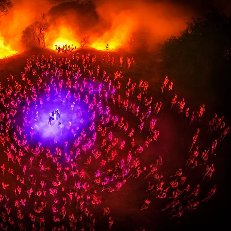 Image similar to real life 1 2 monkeys dancing in circle, bonfire in center, a jungle, cinematic, volumetric lighting, vivid colours, evil shadows, f 8 aperture, cinematic eastman 5 3 8 4 film, photorealistic