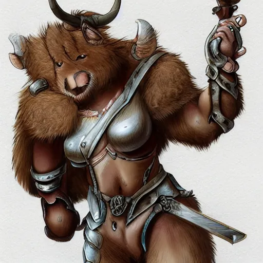 Image similar to cute drawing, female Minotaur warrior, brown fur with white spots, family friendly, armored, concept art