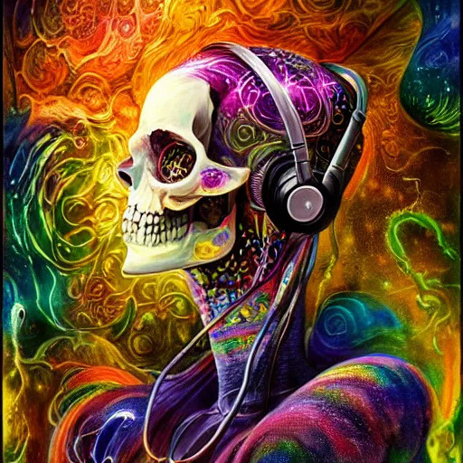 Image similar to portrait of a fantasycore glitchcore deformed skull wearing headphones. intricate abstract. intricate artwork. celestial. prismatic, by josephine wall, pixar, ghibli. octane render, CGSociety very coherent symmetrical artwork. cinematic, hyper realism, high detail, octane render, 8k, holographic accents