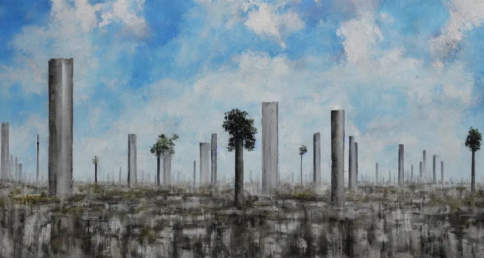 Image similar to world of only concrete, a flat endless plane of concrete covered in thin, very tall concrete pillars that go on to the horizon, vegetation retaking the world, open sky, blue sky with clouds, god rays, beautiful painting, oil on canvas, by Ewa Czarniecka, award winning masterpiece,