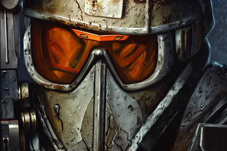 Prompt: photorealistic oil painting of gordon freeman in a damaged, scratched and worn down hev suit, night, rain, dense fog, dark room, cinematic, volumetric lighting, f 8 aperture, cinematic eastman 5 3 8 4 film, photorealistic