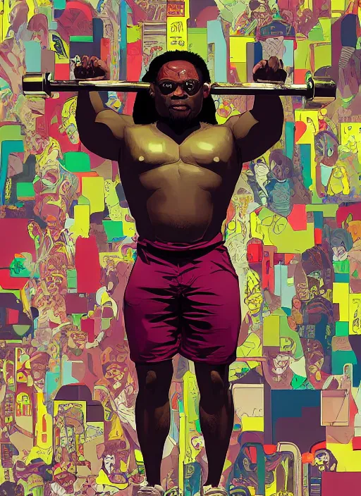 Prompt: chidi igwe. buff cyberpunk weight lifter. portrait illustration, pop art, splash painting, art by geof darrow, ashley wood, alphonse mucha, makoto shinkai ( apex legends )