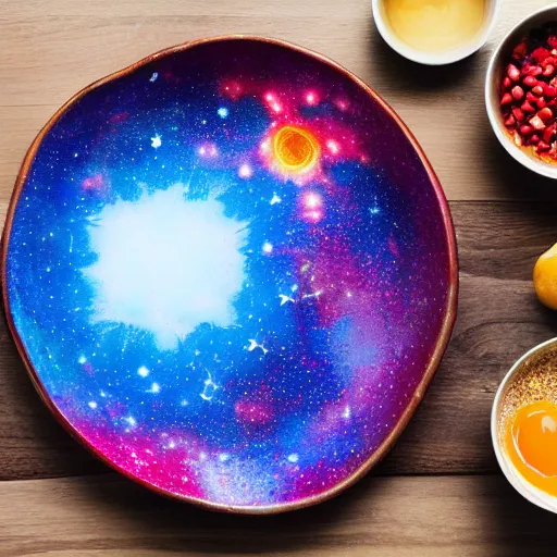 Prompt: a picture of a morning breakfast table with a cereal bowl with a nebula inside, highly intricate and colorful, nebula, galaxy