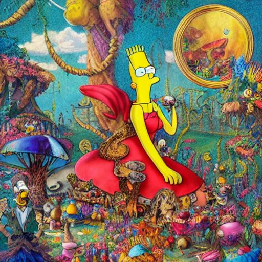 Image similar to homer simpson in alice in wonderland tripping on lsd, intricate detail, painting, royo, frazetta, whealan,