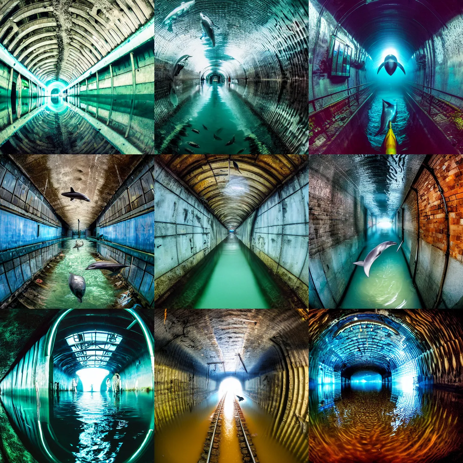 Prompt: a flooded railway tunnel with a dolphin swimming in it, cyberpunk art by vlady kibalchich russakov, behance, ecological art, dystopian art, fisheye lens, hall of mirrors
