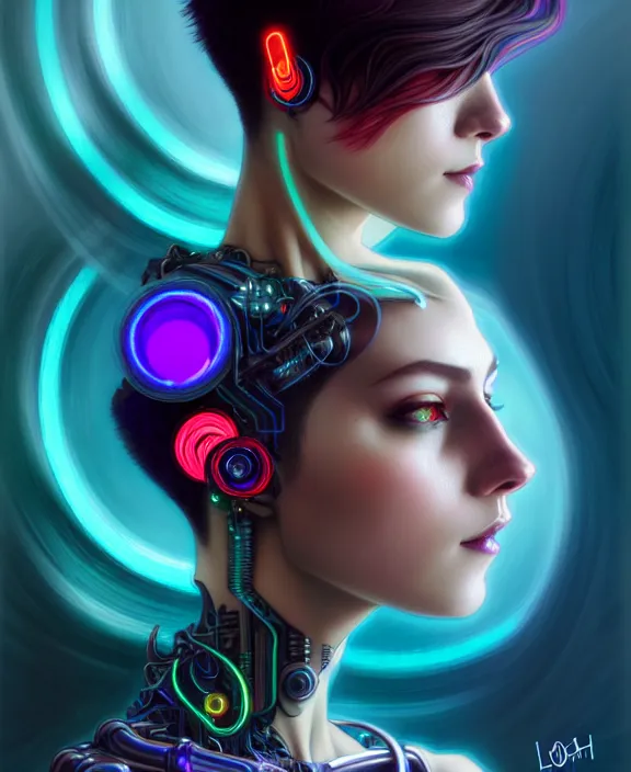 Image similar to a whirlwind of souls rushing inside the metaverse, half body, jewelry, fashionable short haircut, headset, android, cyborg, cyberpunk face, by loish, d & d, fantasy, intricate, elegant, highly detailed, colorful, vivid color, digital painting, artstation, concept art, art by artgerm and greg rutkowski and alphonse mucha