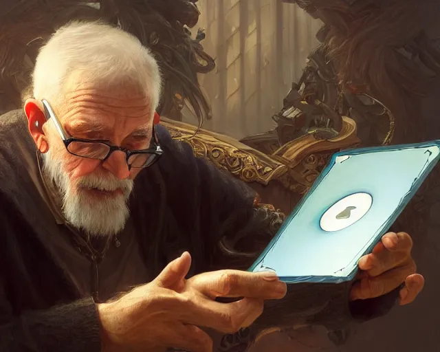 Image similar to photography of an old man trying to use an ipod, deep focus, d & d, fantasy, intricate, elegant, highly detailed, digital painting, artstation, concept art, matte, sharp focus, illustration, hearthstone, art by artgerm and greg rutkowski and alphonse mucha