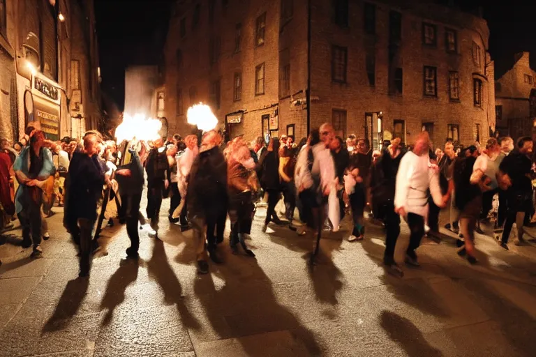 Image similar to medieval london street crowded night time torch lit