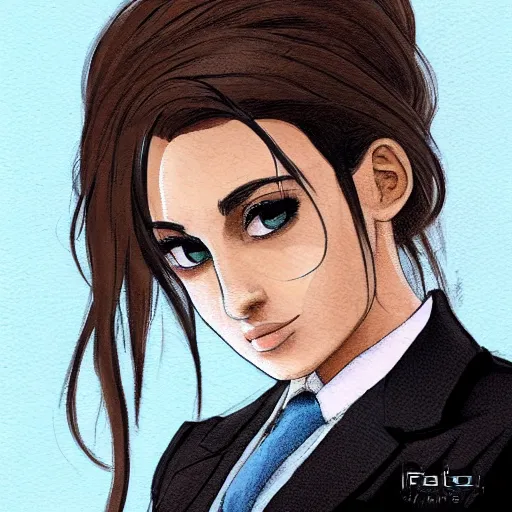 Prompt: woman in black business suit, chill, brown neat hair, pixiv, fanbox, trending on artstation, portrait, digital art, modern, sleek, highly detailed, formal, serious, determined, blue tie, competent, colorized, smooth, charming, pretty, safe for work, thick