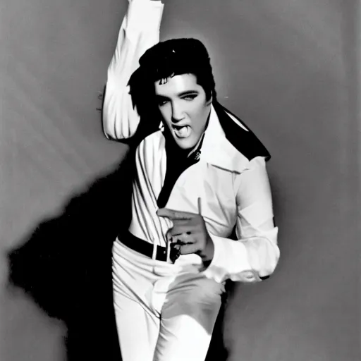 Image similar to black and white photograph of elvis dancing, in an alien spaceship