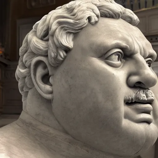 Image similar to hungarian prime minister viktor orban as an obese marble statue of ancient roman emperor, created by michelangelo, museum photoshot, 3 d photorealistic render, high resolution, 8 k