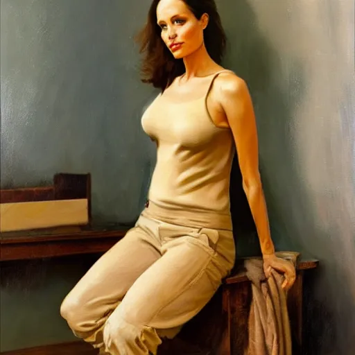 Image similar to oil painting of full - body angelina jolie posing as housepainter by alexander nikolayevich samokhvalov ну или norman percevel rockwell from 1 9 3 0 s