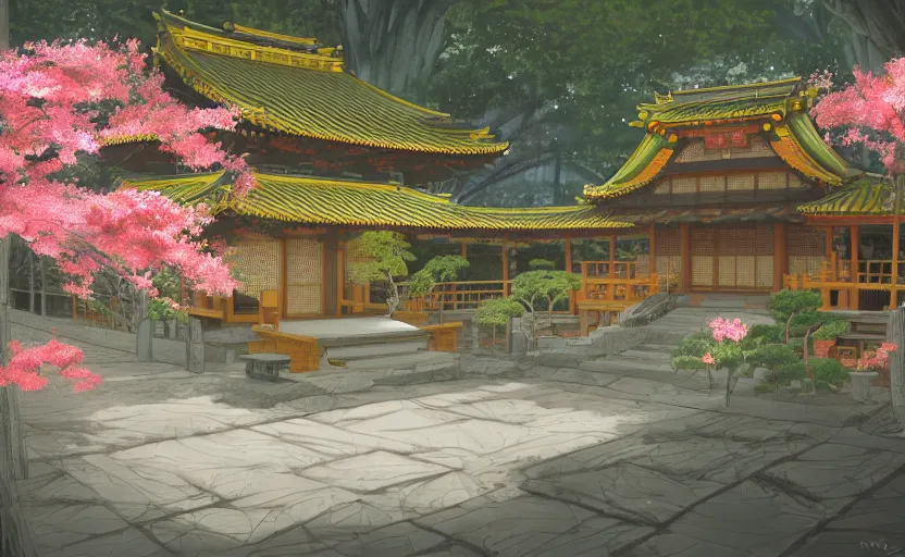 Prompt: A colorful digital painting of a courtyard of a fantasy Japanese temple, kitsune, bamboo, cherry blossoms, by Makoto Shinkai and Kan Liu, trending on artstation