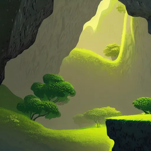 Prompt: karst landform, fresh light shades, greenery, animated film, stylised, illustration,, fantasy art, 2 d game art, by eyvind earle, scott wills, genndy tartakovski, roman shipunov, etienne hebinger, atey ghailan, cgsociety, cynical realism