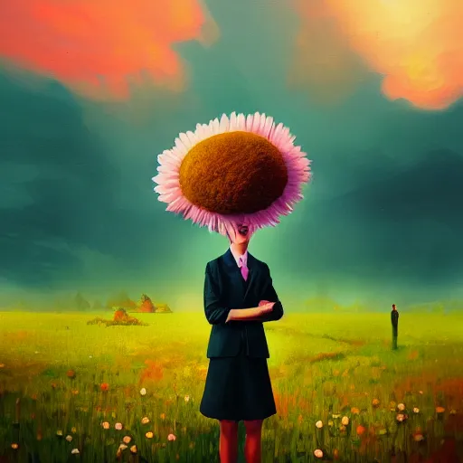 Prompt: giant daisy flower head, portrait, a girl in a suit, surreal photography, sunrise, dramatic light, impressionist painting, digital painting, artstation, simon stalenhag