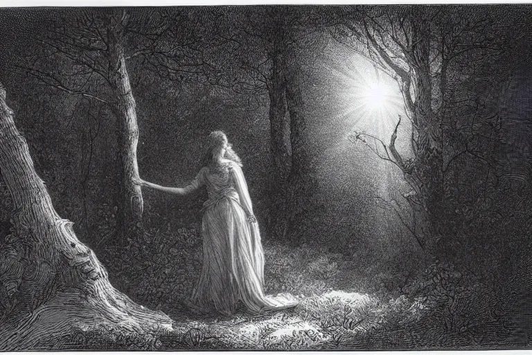 Image similar to black and white, young french woman illuminated by a beam of light through detailed clouds, forest in background, Gustave Dore lithography