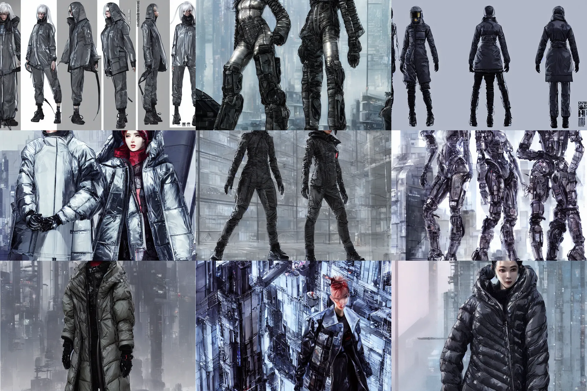 Prompt: Ding Yun Zhang transparent oversized down jacket collab with FIGI Studios on robotic-cyber-girl, techwear soviet style cyberpunk, in city build by architect Lebbeus Woods ultra realistic. 4K, trending artstation, by Yoji Shinkawa and Syd Mead