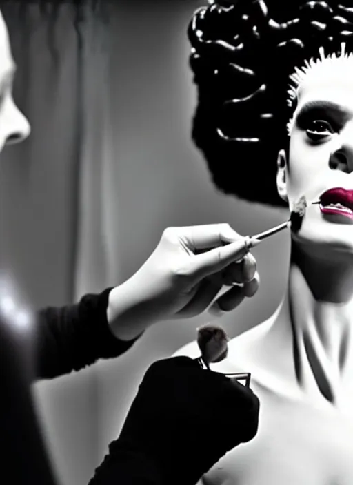 Image similar to video still from instagram, the bride of frankenstein doing a make up tutorial