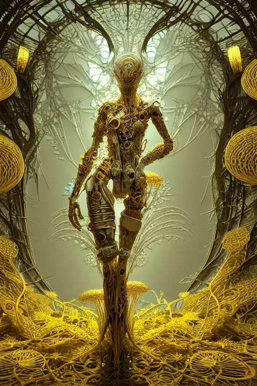 Prompt: intricate hyper detailed ultra sharp 3 d render, unity of mood, biomechanical cyborg ladies dancing, atmospheric, foliage, white large pore fungi, cyberpunk art nouveau, haute couture alexander mcqueen leaves stems colorful dahlias blooming transparent fractal filigree roots, intricate details, octane render, volumetric cinematic lighting, natural beautiful light, yellow infrared, lumiol, 8 k,