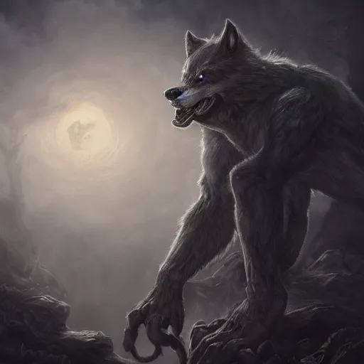 Prompt: Werewolf, Fantasy Illustration in the style of Mohrbacher, gothic artstyle, 4k masterpiece, Moody lighting with fog