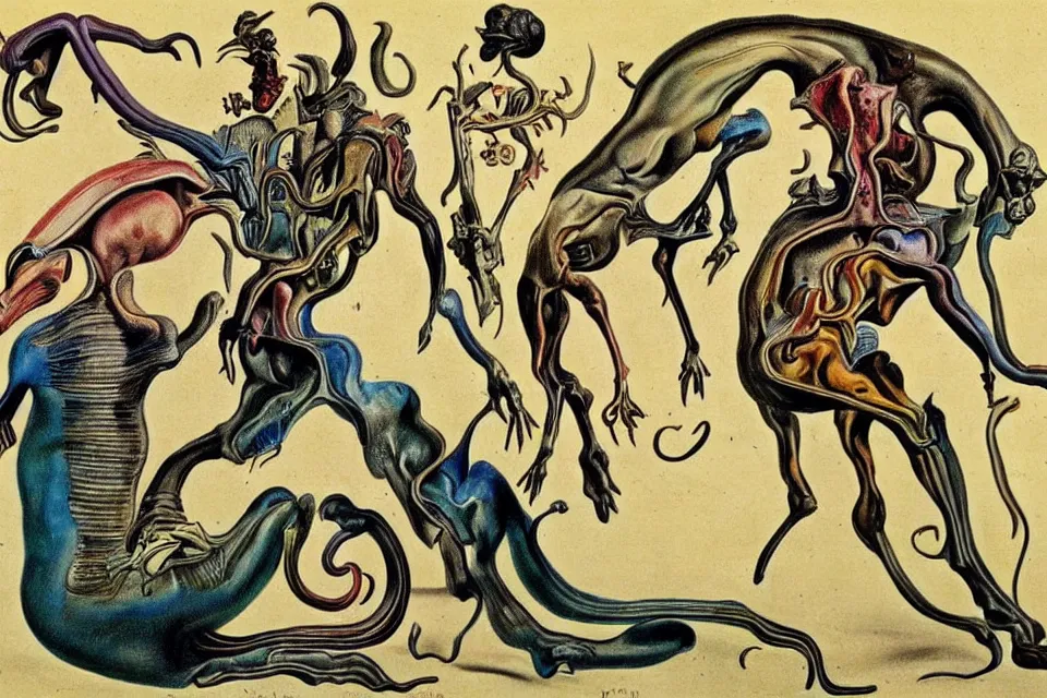 Image similar to Vintage, detailed, colored sketch of mythical creature anatomy, full body, with full descriptions,Salvador Dali .