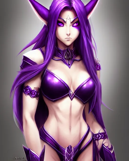 Prompt: character concepta beautiful and strong purple female anime warrior night elf | | cute - fine - face, world of warcraft, pretty face, realistic shaded perfect face, fine details by stanley artgerm lau, wlop, rossdraws, james jean, andrei riabovitchev, marc simonetti, and sakimichan, trending on artstation