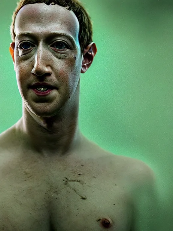 Prompt: portrait of a mark zuckerberg, skin peeling to reveal green! scales!, forked snake tongue sticking out, art by ryo shiotani and greg rutkowski, intricate, beautiful, portrait photography cinematic lighting, vintage art by serge ivanoff, high resolution, very detailed