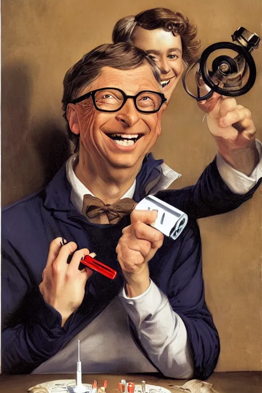 Prompt: Bill Gates smiling maniacally, holding a syringe, threatening to inject a frightened woman, artstation, by J. C. Leyendecker and Peter Paul Rubens,