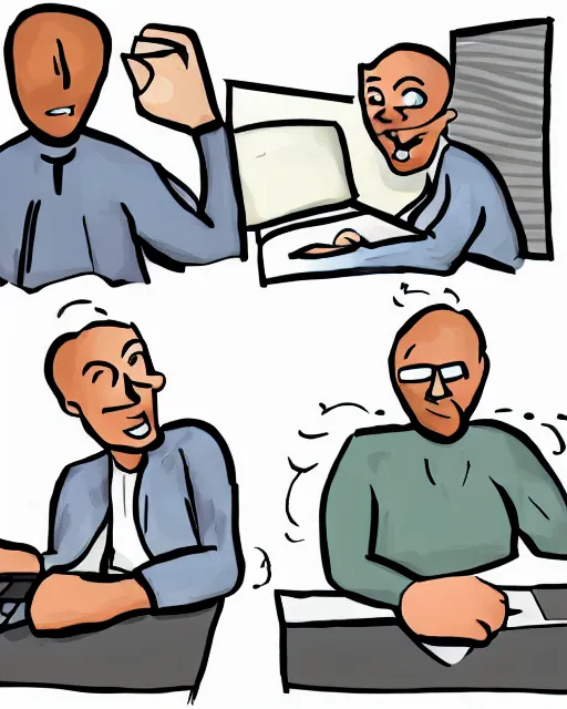 Prompt: two drawing men sitting near a laptop, white background, meme, meme template, handwritten picture, comics