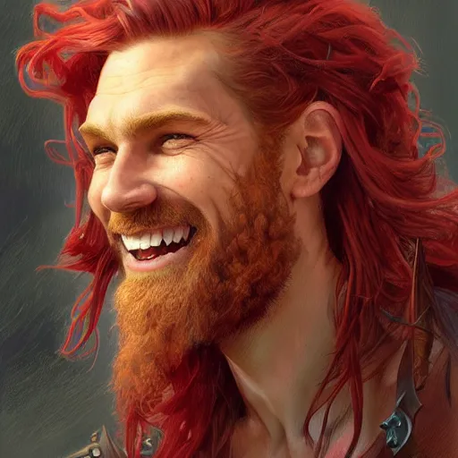 Prompt: portrait of a young ruggedly handsome but joyful pirate, male, masculine, upper body, red crimson hair, long long flowing hair, fantasy, proud grin, intricate, elegant, highly detailed, digital painting, artstation, concept art, matte, sharp focus, illustration, art by artgerm and greg rutkowski and alphonse mucha