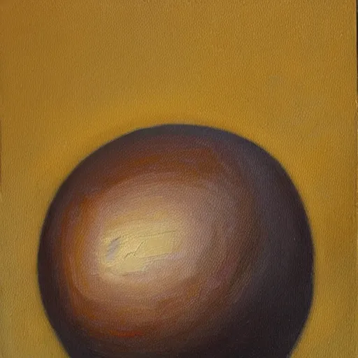 Prompt: oil painting of a spherical rough boulder on a pedestal with a match stick in its side, brown background