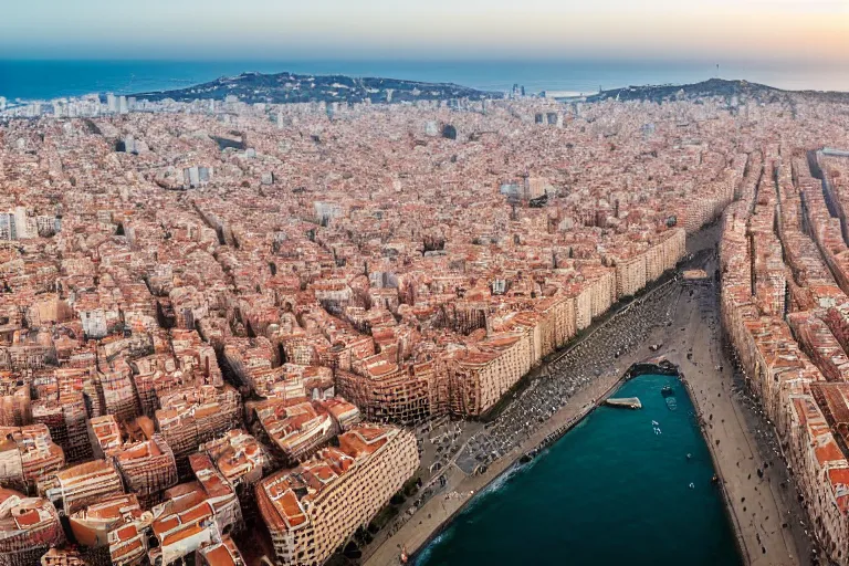 Image similar to air views of dystopian barcelona coast covered with water, global warming, sunset lighting, photo real