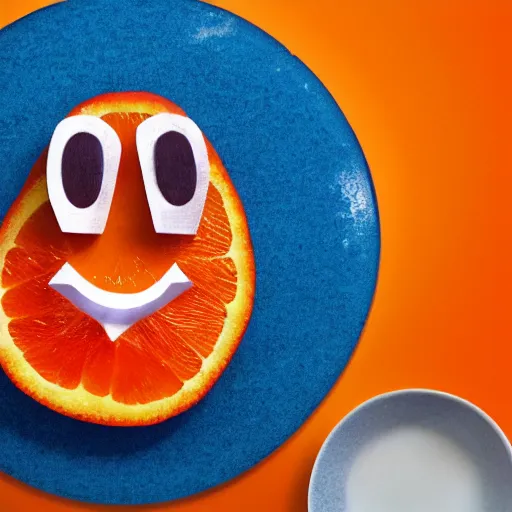 Prompt: orange slice with smiling face on a table, outdoors, artstation