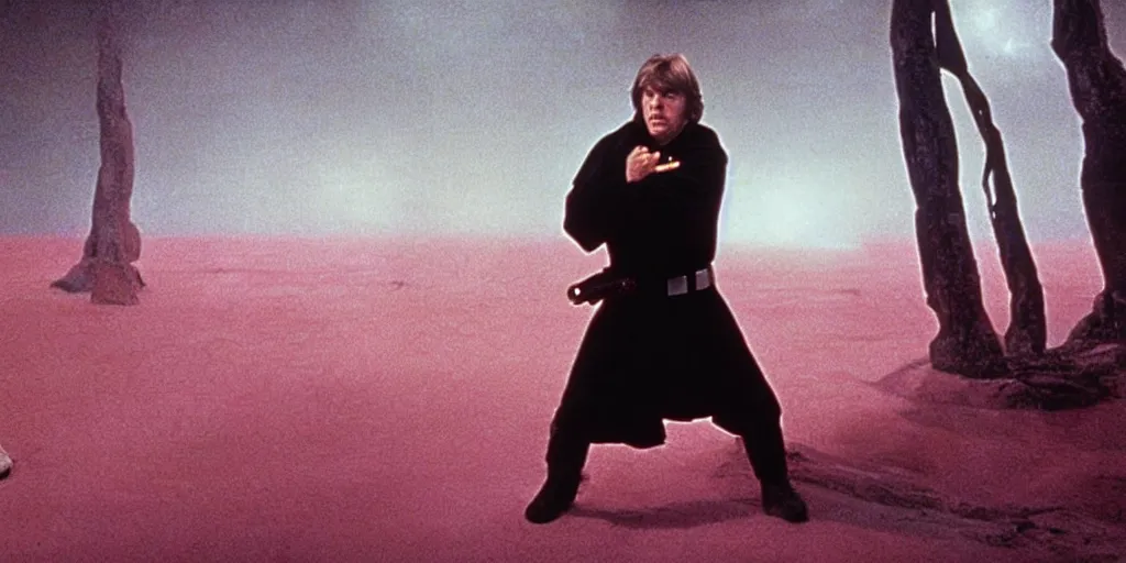 Prompt: screenshot from the film Star Wars The Lost Jedi 1982, of Luke Skywalker in dark jedi robe is lost on a surreal pink planet with black trees, minamilist 1980s sci fi film by Stanely Kubrick film, color kodak, Ektachrome, anamorphic lenses, detailed faces, hyper-realistic, photoreal, detailed portrait, moody award winning cinematography, beautiful lighting