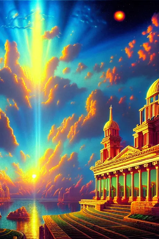 Prompt: a photorealistic detailed cinematic image of a beautiful vibrant iridescent future for human evolution, spiritual science, divinity, utopian, cumulus clouds, ornate architecture, isometric, by david a. hardy, kinkade, lisa frank, wpa, public works mural, socialist