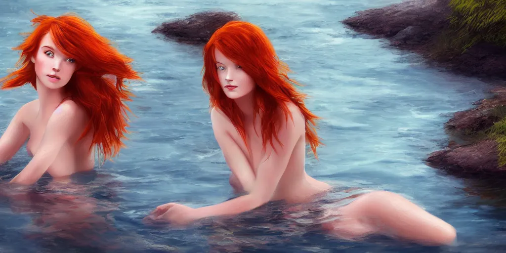 Image similar to redhead beautiful girl bathing in a river, illustration, night moonlight, digital art, oil painting, fantasy, 8 k, trending on artstation, detailed