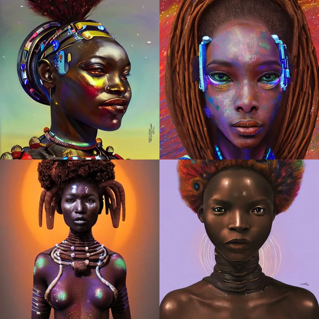 Prompt: beautiful afrofuturistic himba woman, otjize, glowing spacesuit, himba hairstyle, led details, robotic arms, hyperrealistic, scifi, concept art, impasto oil painting, dark, muted colors