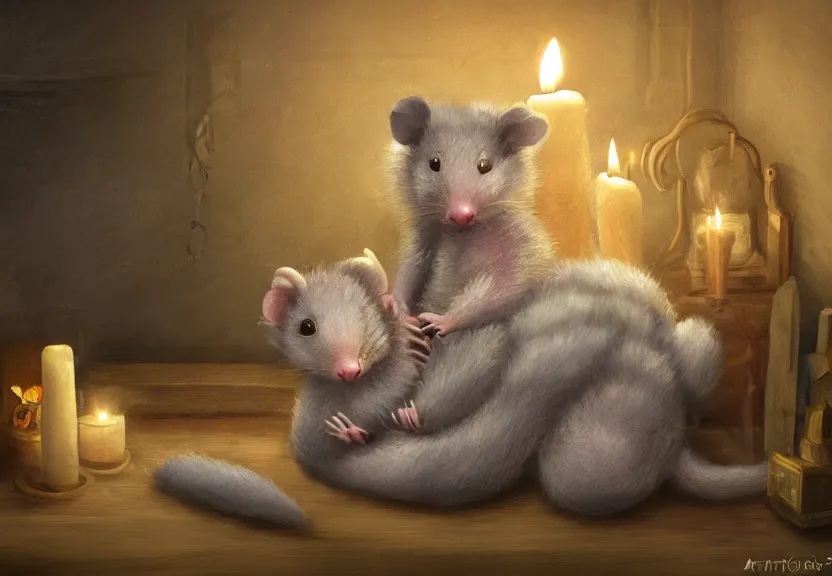 Prompt: cute possum in its pajamas sleeping in a bed in a medieval cluttered cottage at night under the dim light of a candle, dark fantasy, dreaming illusion, trending on artstation