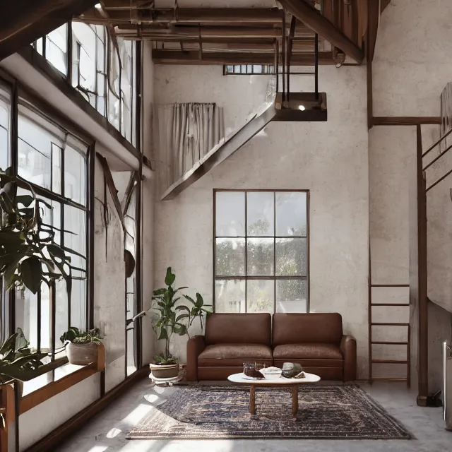 Image similar to post and beam a - frame interior, tall ceilings and loft, caramel leather couch, vintage fridge, large window in back with fall foliage, many plants hanging, marble countertops, spiral staircase, realistic, unreal engine render, octane render, hyper realistic, photo, 8 k