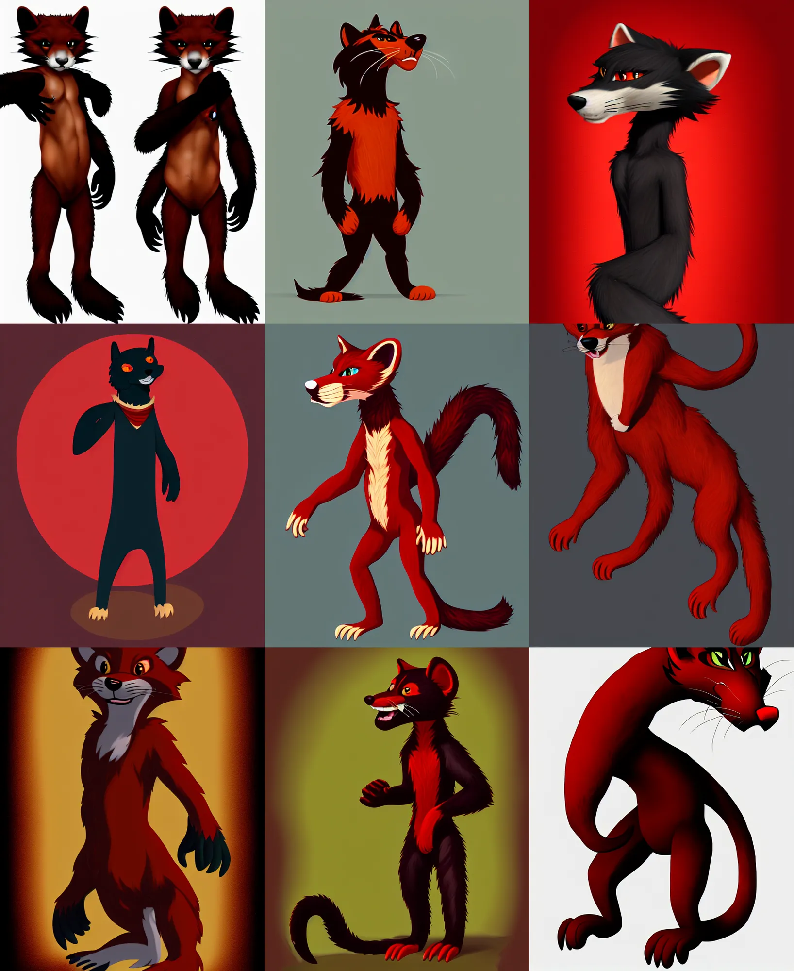 Image similar to fullbody photoshoot photo portrait of a roguish male red - black furred bipedal weasel furry fursona, photorealistic