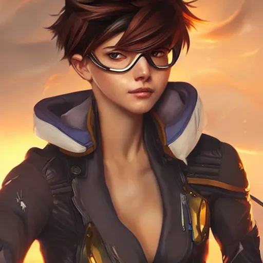 Image similar to character portrait of Tracer from Overwatch, intricate, wild, highly detailed, digital painting, artstation, upper body, concept art, smooth, sharp focus, illustration, art by artgerm and greg rutkowski and alphonse mucha